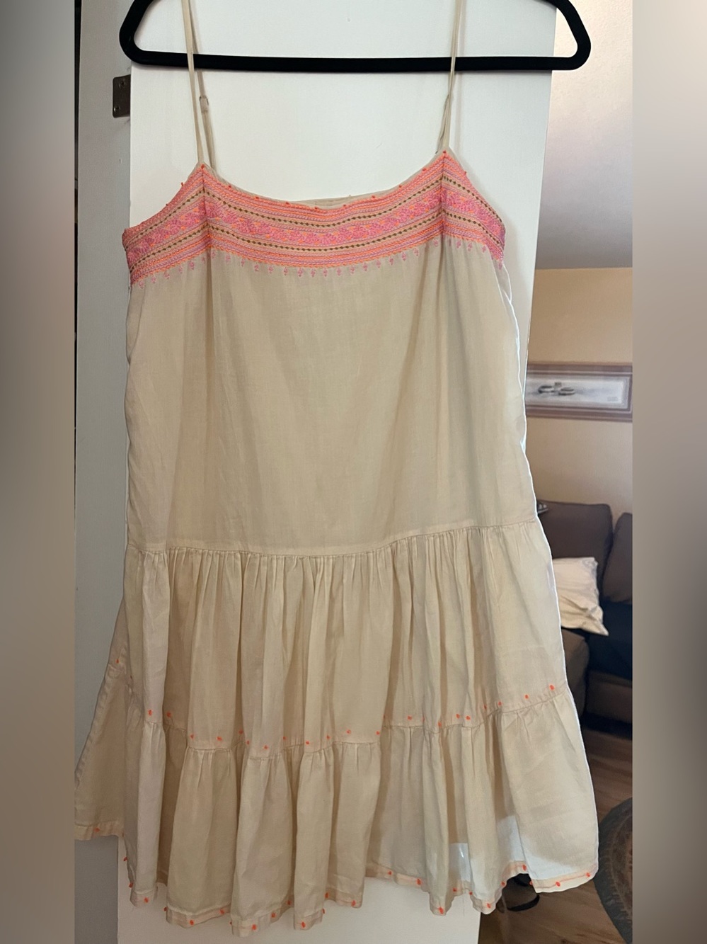 J.Crew Embroidered Siesta Drop Waist Tiered Mini Dress Cream Pink size Small